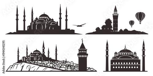 Iconic landmarks from around the world in silhouette style illustration