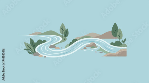 Serene river flowing through lush green landscape illustration.