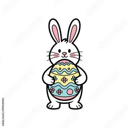 A simple cartoon bunny holding a decorated Easter egg