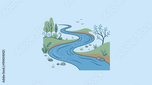 Serene river flowing through lush green landscape with trees and nature.