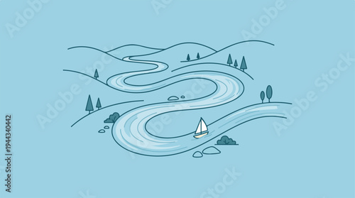 Serene river winding through picturesque landscape with sailboat.