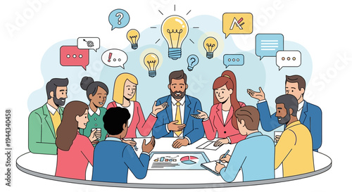 Diverse team brainstorming ideas around a table with lightbulbs and speech bubbles