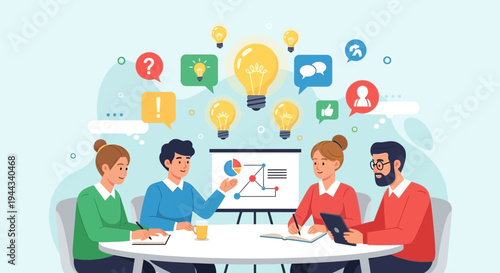 Diverse team brainstorming ideas on business strategy, innovation, and teamwork