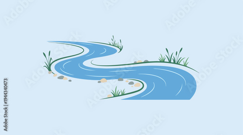 Serene winding river illustration on a light blue background.