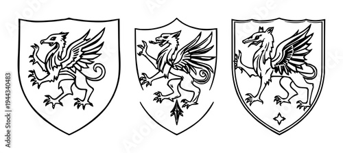 Heraldic shield set with bold black line illustration featuring griffin, medieval, protection symbol with line art and white background