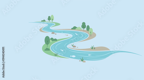 Serpentine River Flowing Through Lush Green Landscape Illustration.