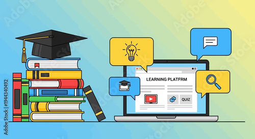 Online Learning Platform with Books and Graduation Cap - Digital Education Concept