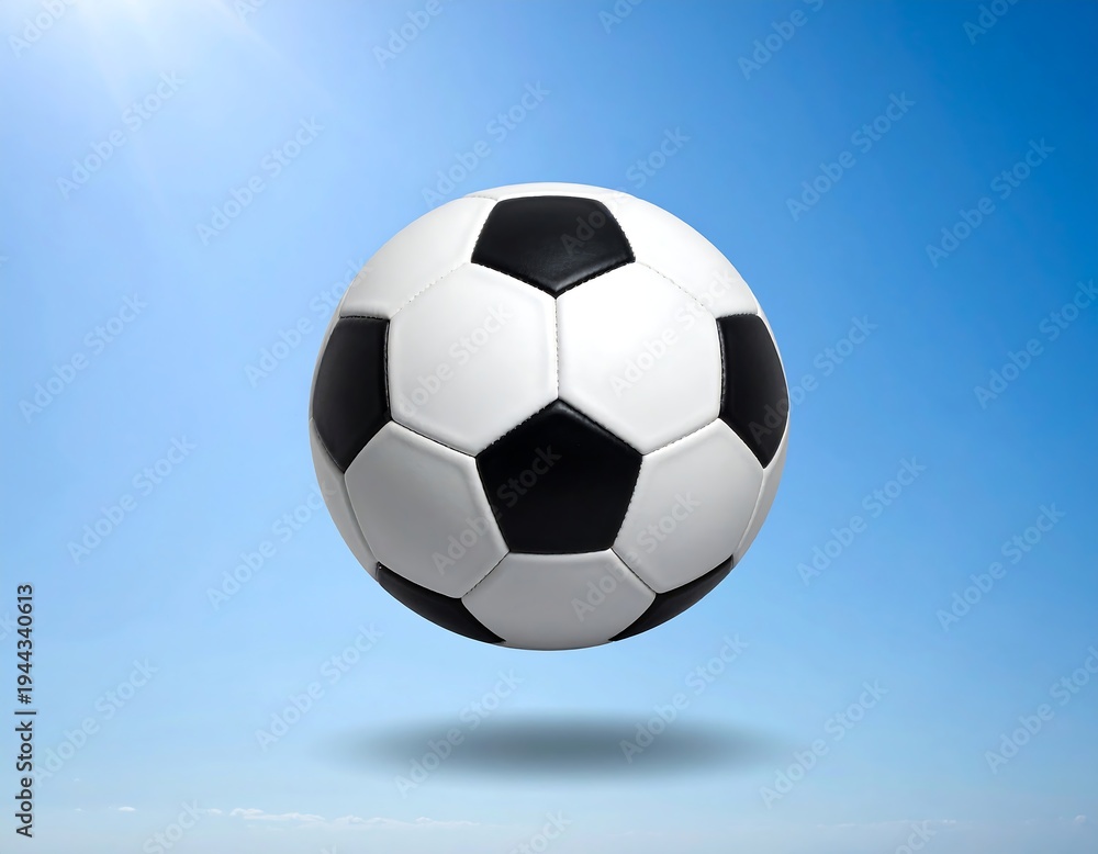 Fototapeta premium Soccer Ball Floating in Mid-Air with Shadow Against a Clear Blue Sky