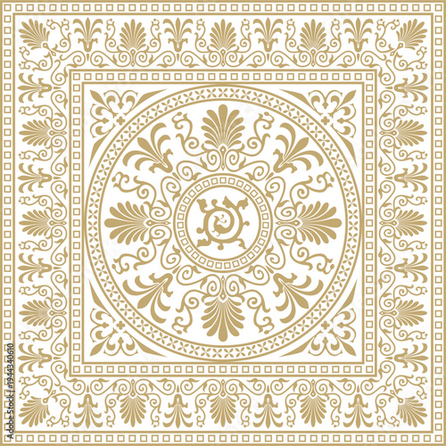 Vector gold square classical ornament of Ancient Greece and Roman Empire. Tile, Arabesque, Byzantine pattern