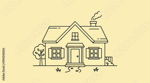 Simple house illustration with chimney and small tree in the yard.