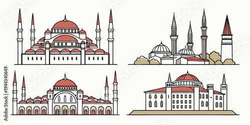 Four distinct architectural buildings showcasing unique designs and cultural influences