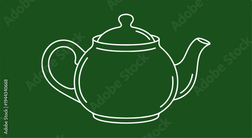 Simple outline drawing of a teapot on a green background.