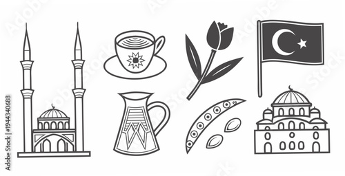 Assorted cultural icons representing turkey including a mosque, flag, and traditional food