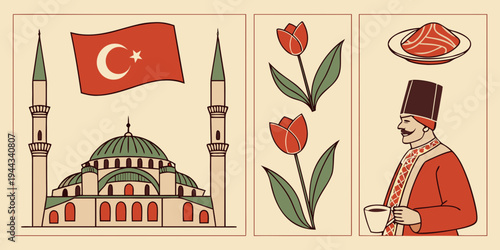A collage of turkish landmarks, symbols, and cultural elements representing the country's heritage.
