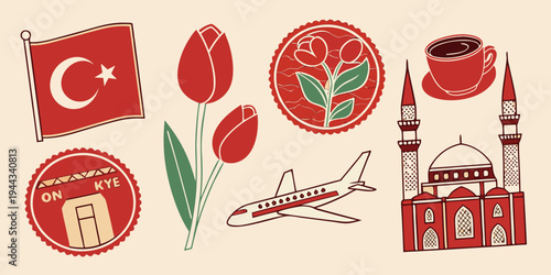 Assorted turkish flags and landmarks including a mosque, ship, and plane