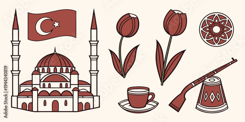 Illustration of traditional turkish elements including a mosque, coffee, and flowers