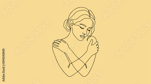 Woman Embracing Herself - A Line Art Illustration of Self-Love.