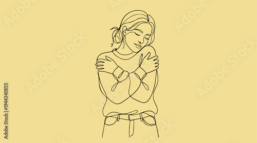 Woman Embracing Herself - A Line Art Illustration of Self-Love.
