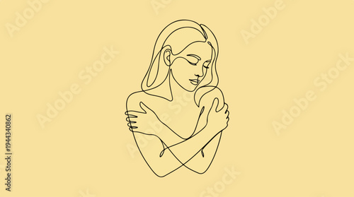 Woman embracing herself, minimalist line art, self love concept.