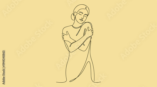Woman Embracing Herself in a Line Art Illustration on a Yellow Background.