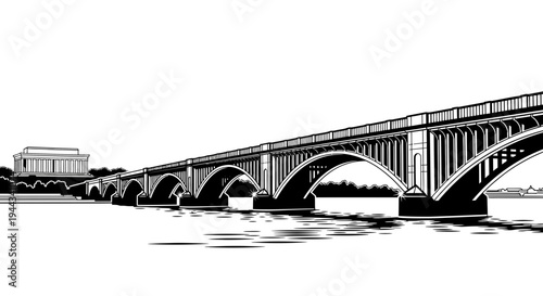 Arlington Memorial Bridge and Lincoln Memorial in Washington DC, Black and White Illustration