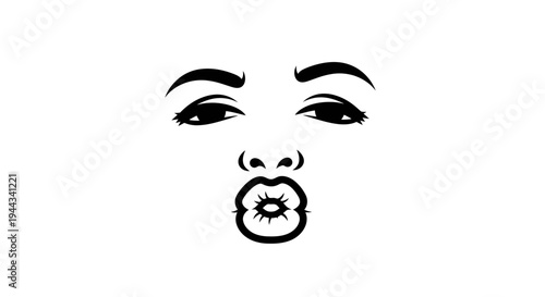 Black and White Kissing Face Emoji Icon, Marilyn Monroe Style Lips and Eyes