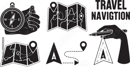 Travel navigation icons for adventure and exploration purposes