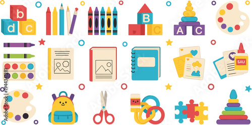 Kids School Supplies and Educational Toys Illustration Set with ABC Blocks Crayons Books Paint Palette Backpack Scissors and Learning Activities Vector Collection