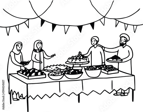 Vector illustration of people serving food at a buffet table