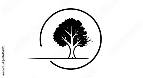 Stylized Tree Silhouette Inside a Circle with Flowing Lines