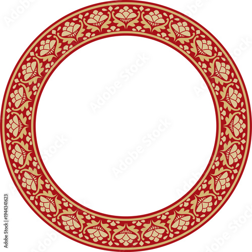 Vector gold and red round national Indian ornament. Circle, ring, border, ethnic Hindu frame.