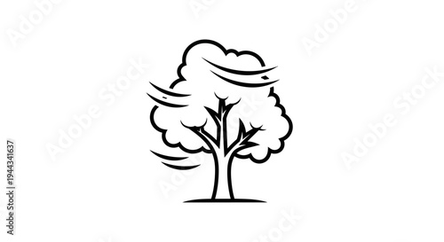 Stylized Tree Silhouette Swaying in the Wind, Minimalist Black and White Icon