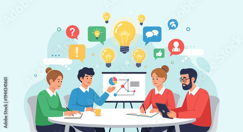 Diverse team brainstorming ideas on business strategy, innovation, and teamwork