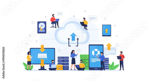 Cloud Data Transfer and Synchronization Network. IT Team collaboration managing secure online storage, upload, and download services in flat vector illustration.