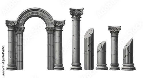 Ancient Roman Architecture Elements: Columns and Archway - Stone Ruin Set