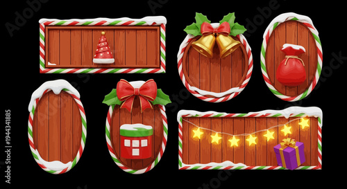 Christmas Wooden Frames with Snow, Bells, Gift Box, Snowman, and Lights