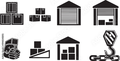 Warehouse Storage Icons and Logistics Symbols Set in Black