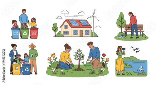 Eco-friendly lifestyle montage: recycling, sustainable house, nature conservation, planting trees