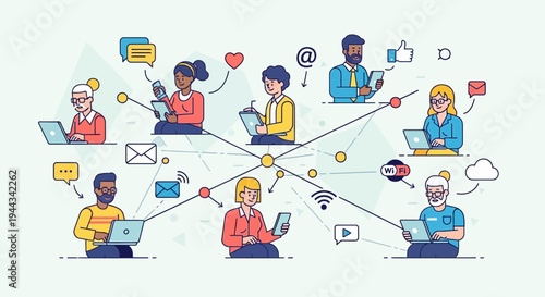 Diverse People Connected via Digital Devices and Social Media Icons