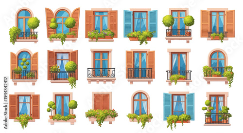 Collection of Decorative Windows with Plants and Shutters