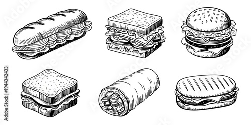 A black and white illustration of various types of sandwiches and burgers