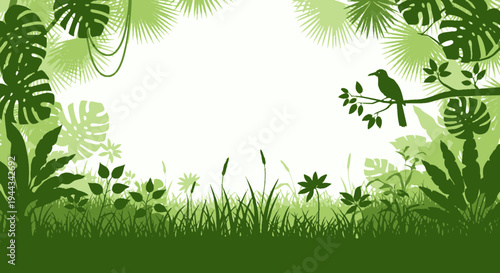Tropical Jungle Border with Bird Silhouette and Lush Green Foliage