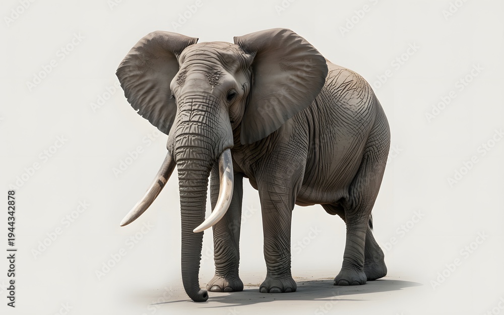 Obraz premium A large gray elephant with tusks standing on a plain white background