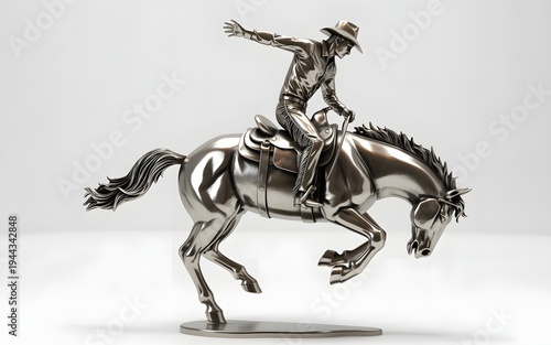 A silver statue of a cowboy riding a horse in a dynamic pose.
