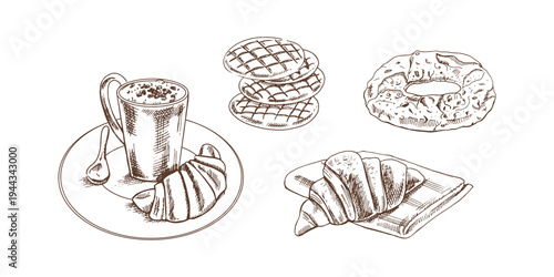 Hand drawn vintage bakery breakfast pastry elements with croissant coffee cup cookies bagel engraved food illustration