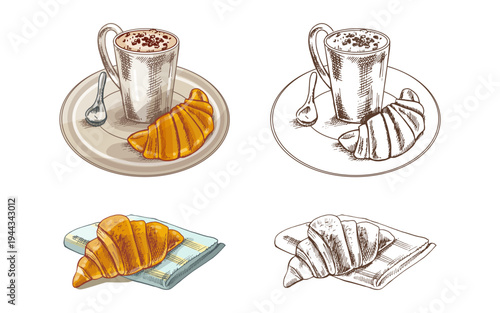 Hand drawn vintage breakfast croissant and coffee cup pastry illustration with plate spoon napkin bakery food set