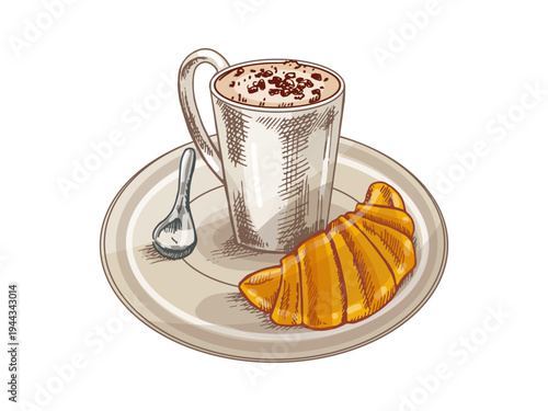 Hand drawn vintage breakfast coffee cup with croissant on plate and spoon cozy bakery morning food illustration