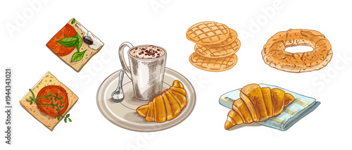 Hand drawn vintage bakery breakfast food set with croissant coffee cup cookies bagel toast illustration