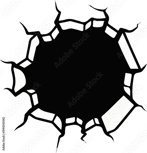 Black hole with jagged, splintering edges breaking outward into white space