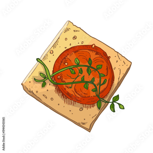 Hand drawn vintage Italian bruschetta toast with tomato thyme herb Mediterranean appetizer food illustration